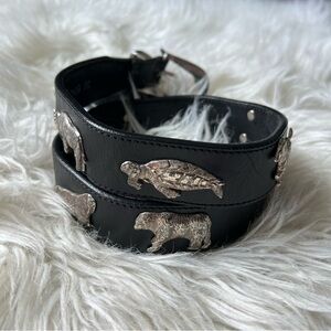 Honest Vintage 1992 Solid Brass Leather Black & Silver Endangered Animals Belt